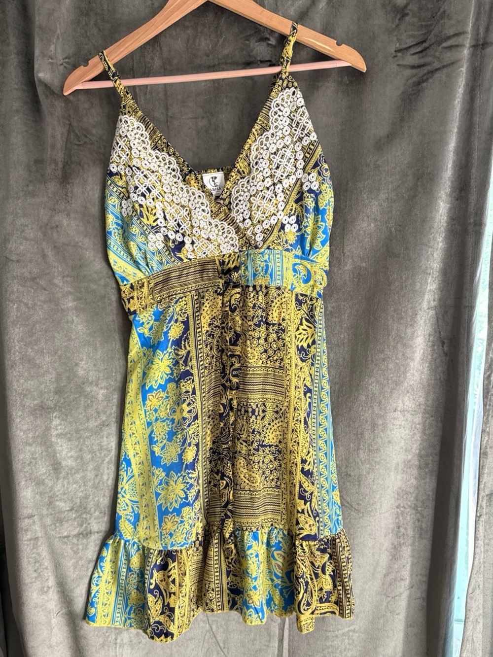 Boho Print Spaghetti Strap Dress in Blue and Yellow
